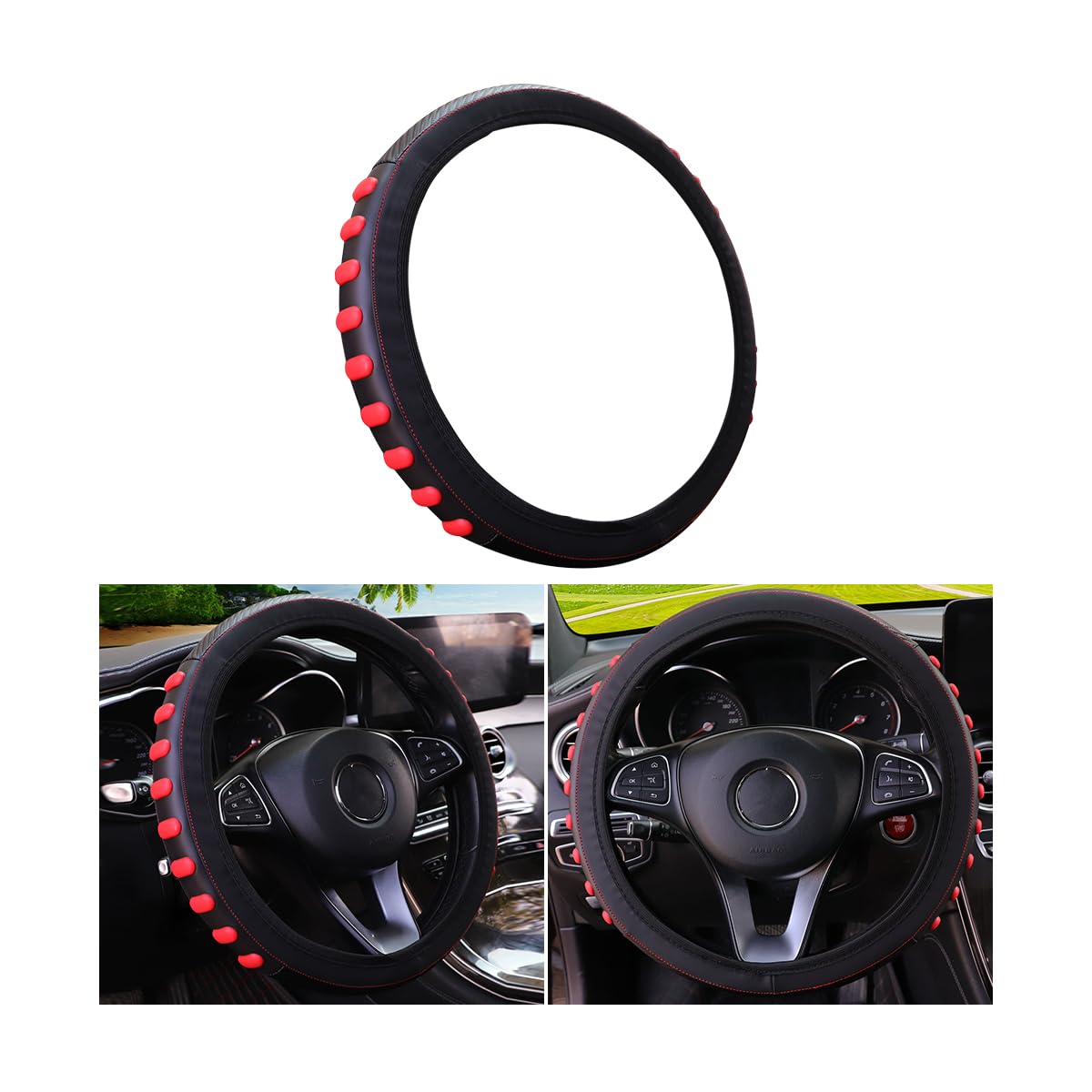 Car Steering Wheel Cover, Elastic Stretch Sport Grip Style Vehicel Steering Wheel Protective Wrap, Soft Auto Protector Accessories, 14.5-15Inch Universal for SUV, Truck, RV and More?Red?