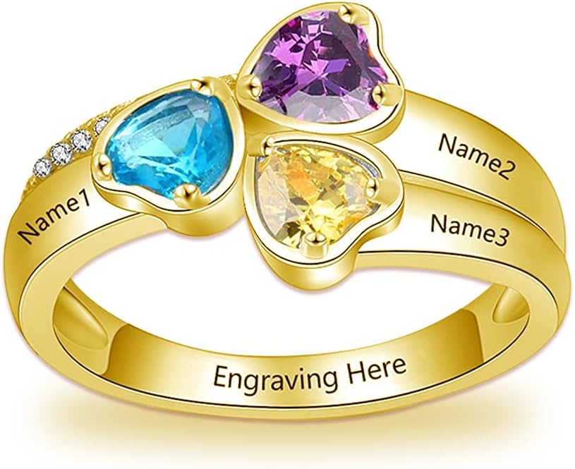 Mothers Day Gifts for Mom Women 10K 14K 18K Solid Gold Mother Rings for Women Personalized Mother Daughter Ring with 3 Simulated Birthstones and Names Customized Gold Engraved Family Name Rings for Mother Grandmother Women Wife Birthday Mother's Day Gift