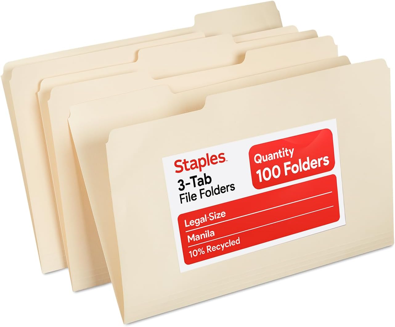 Recycled File Folders, Legal Size, 1/3‑Cut Tabs, Manila, 30% Recycled Paper Stock, 100/Box