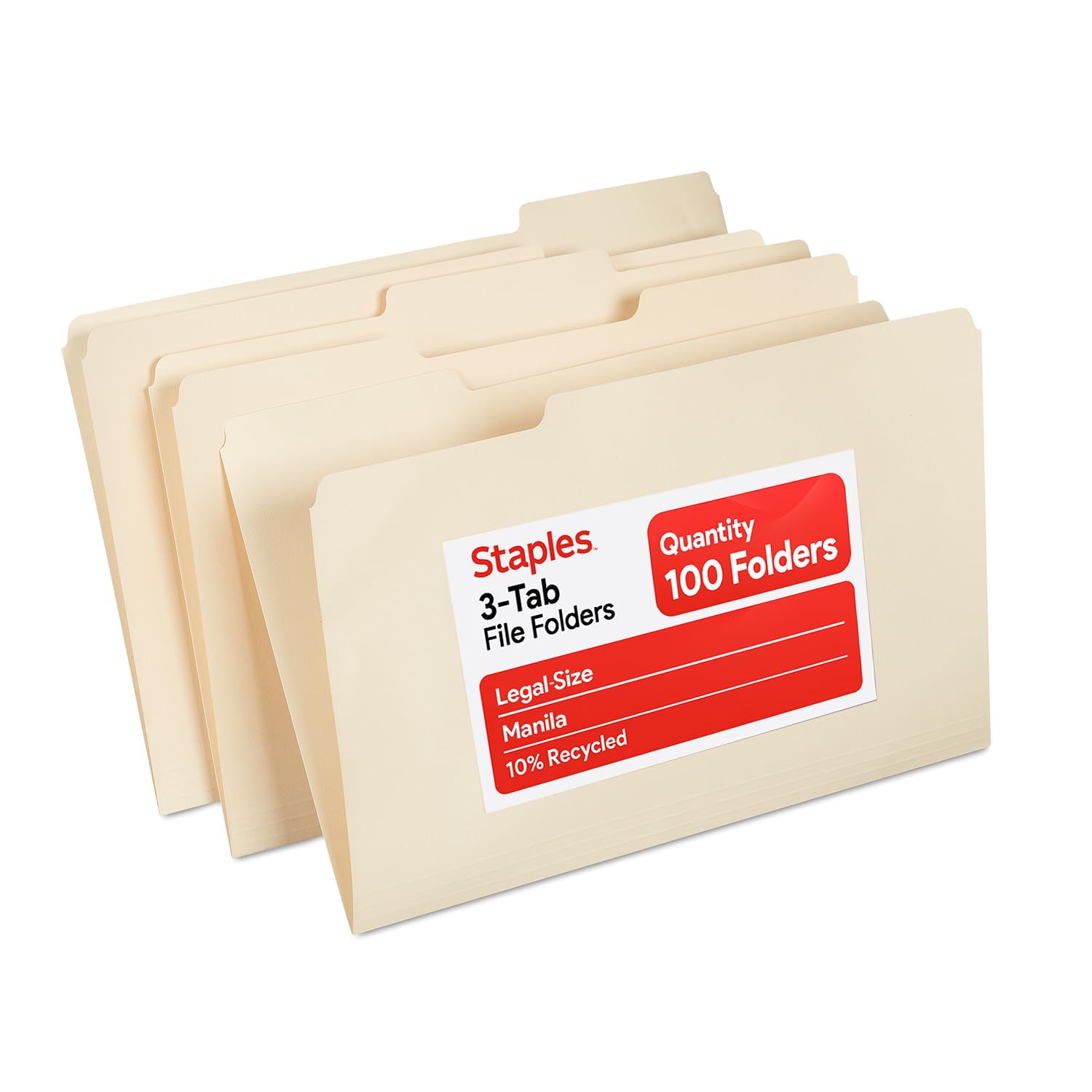 Recycled File Folders, Legal Size, 1/3‑Cut Tabs, Manila, 30% Recycled Paper Stock, 100/Box