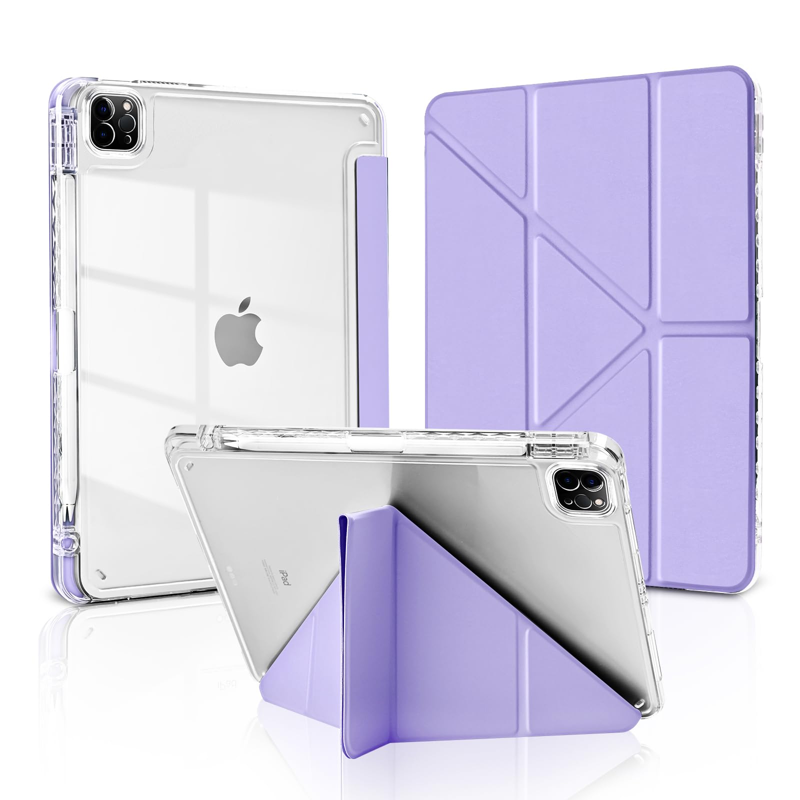 MuyDoux Hülle Origami für iPad Pro 11 Zoll 2022/2021/2020/2018 (4/3/2/1 Generation) mit Stifthalter, 5-in-1 mehrere Betrachtungswinkel, Stoßfeste Klare Transparente Rückseite Schutzhülle, Hellviolett