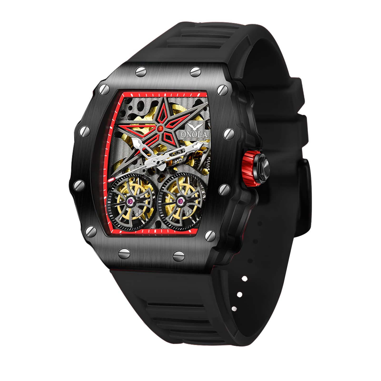 FORSINING Orologio da uomo Tonneau, a forma di scheletro, meccanico, automatico, quadrante grande, alla moda, da lavoro, con cinturino in silicone