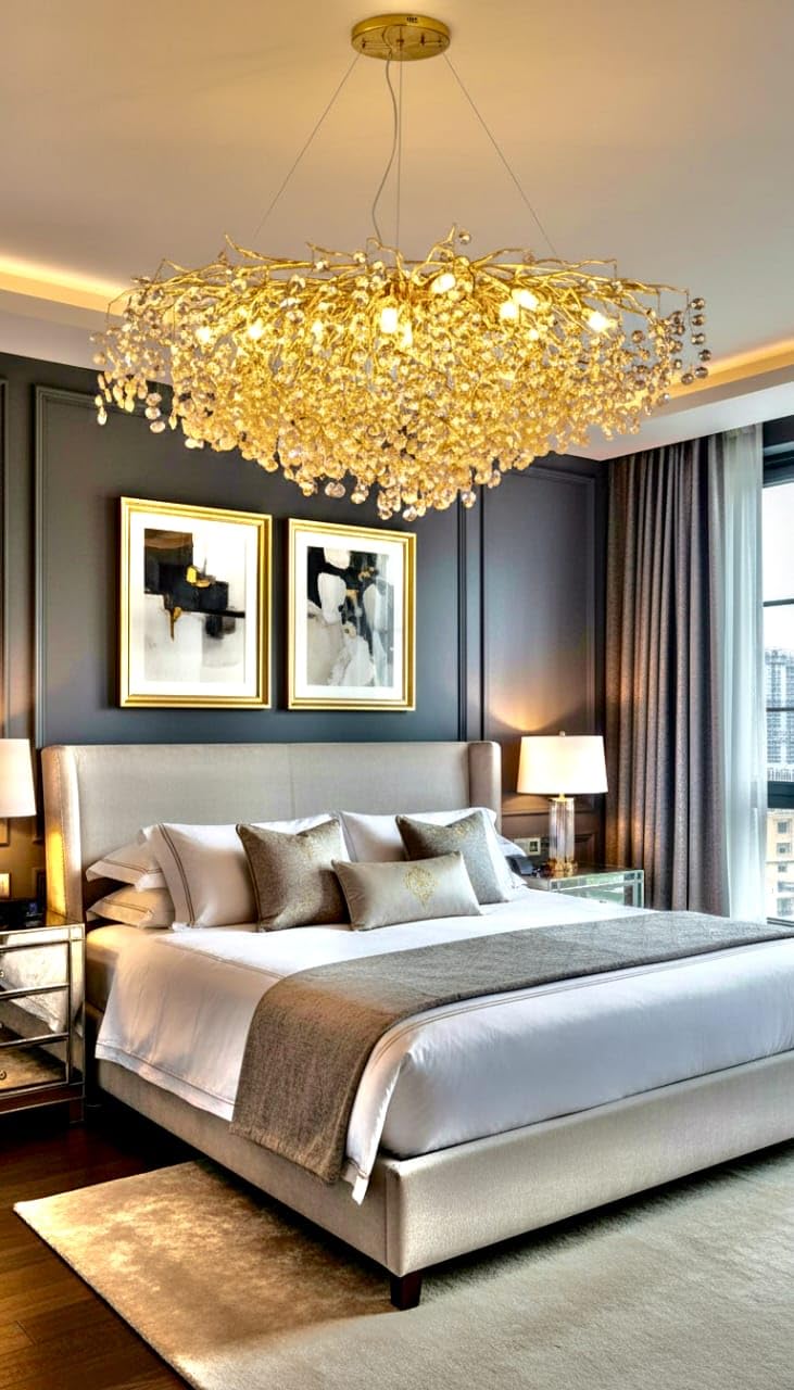 Lavish Crystal Gold LED Tree Chandelier Light for Living Room Round Dining Room Chandelier Over Table - Warm White/White/Gold (800mm)-image-27