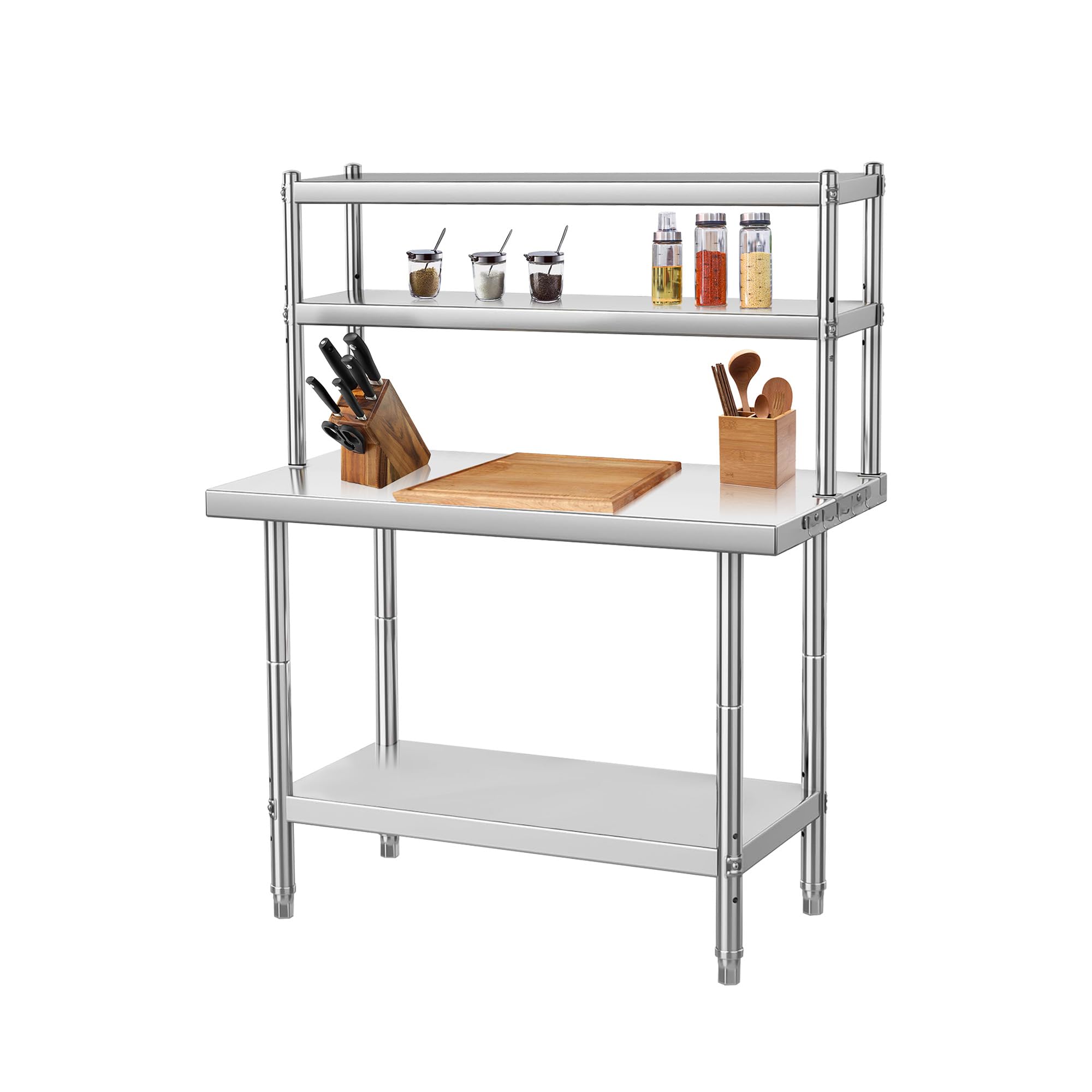 Carrello in acciaio inox con ripiano su 2 livelli, tavolo in acciaio inox con gambe regolabili in altezza, piano di lavoro in acciaio inox per esterni e interni