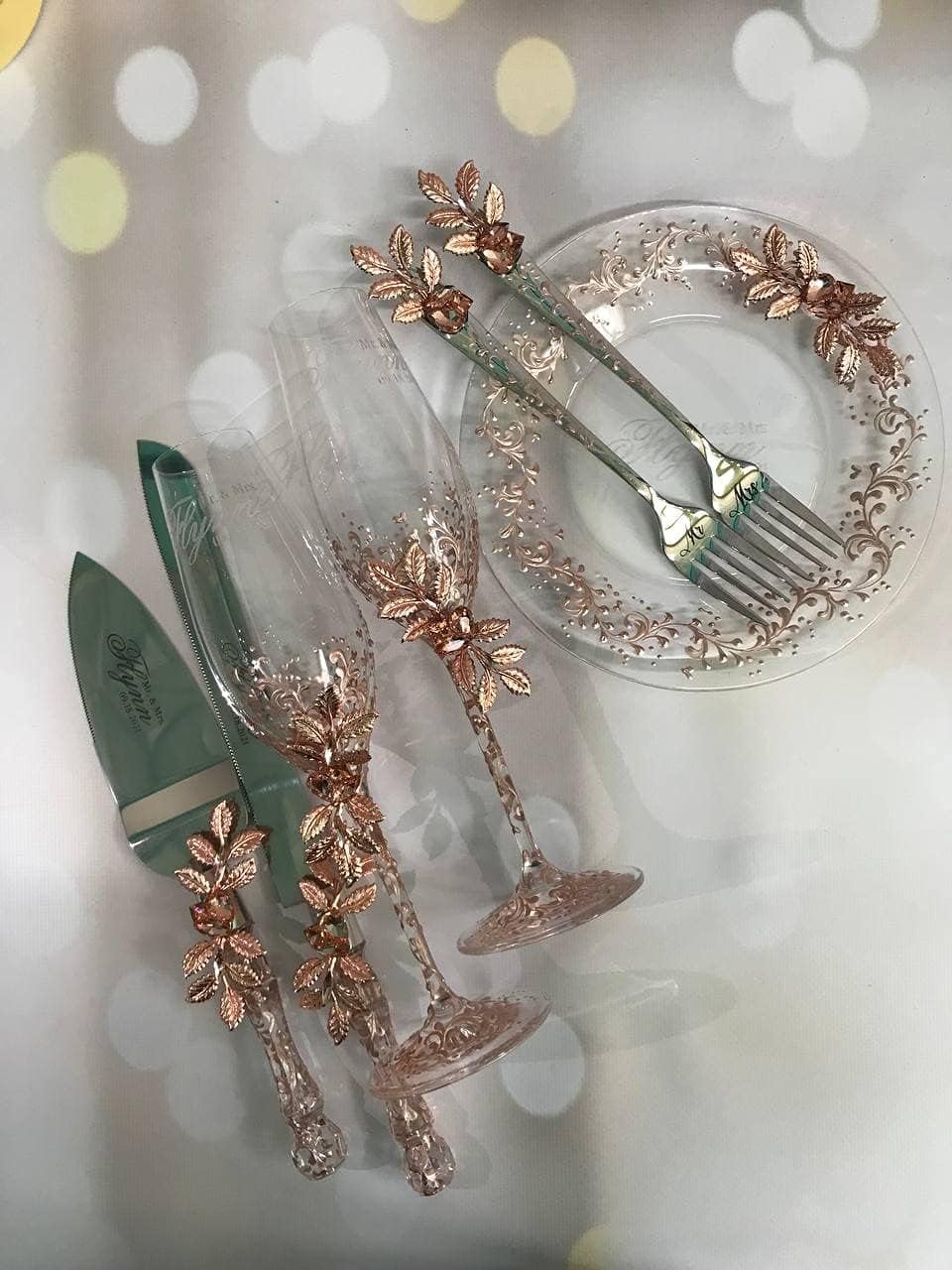 Filigree Wedding Decor Rose Gold/Wedding Flutes and Cake Server Sets/Wedding Cake Plate and Fork Set - 7 pcs