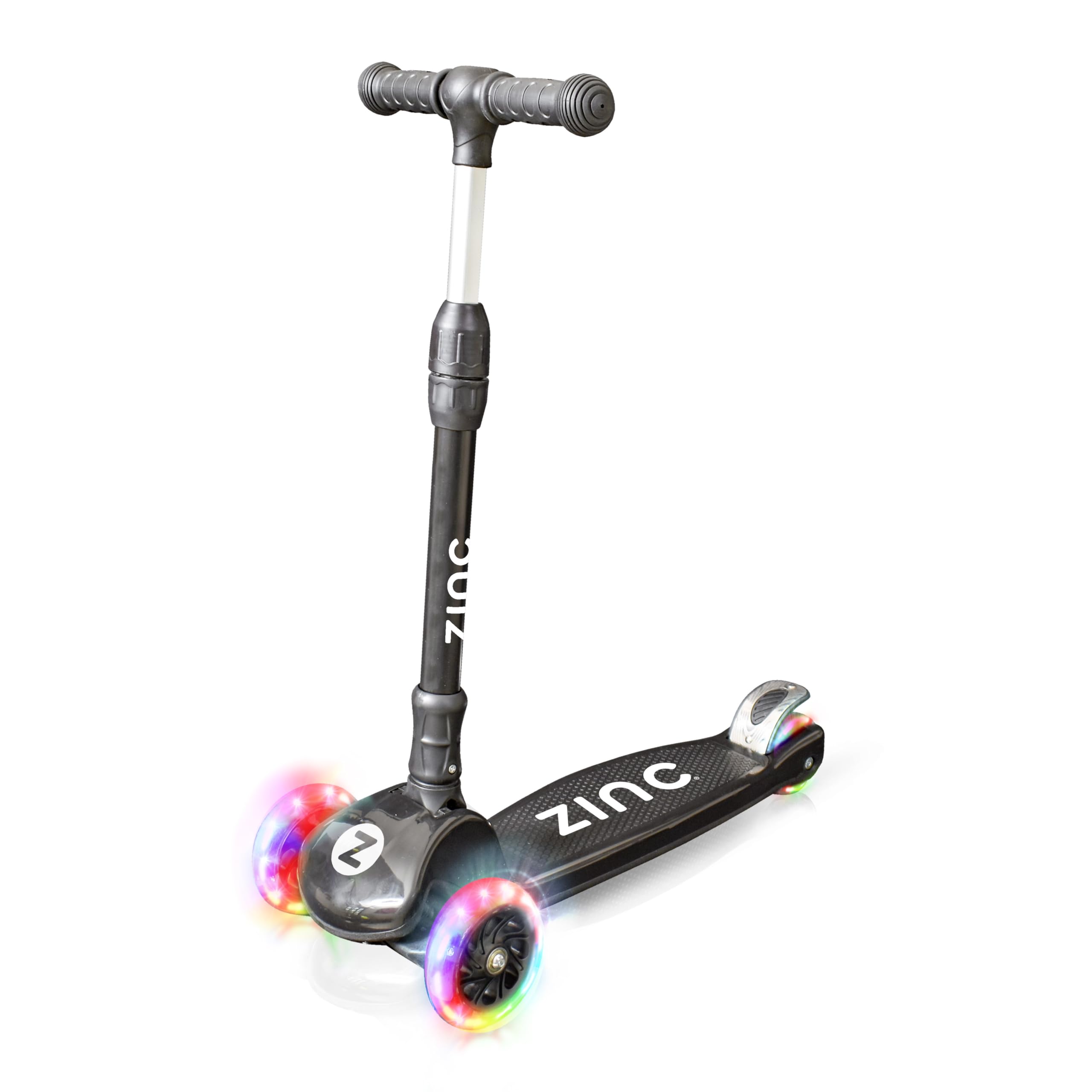 Zinc T-Motion Kids Scooter for Ages 3+ – Three Wheeled Folding Boys & Girls Scooter with LED Light Up Wheels, Adjustable Handlebar, Lean & Steer Controls, Rear Brake, Black