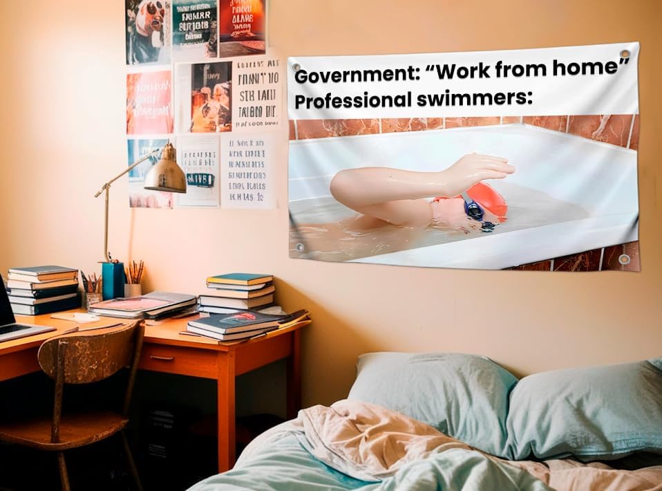 3x5 Feet Funny Swim Teen In Bathroom Flag with Quote ''Government Work From Home Professional Swimmers'' with Four Brass Grommets - Polyester Banners for Bedroom - Single Sided Tapestry Flags for Guys - Image 4