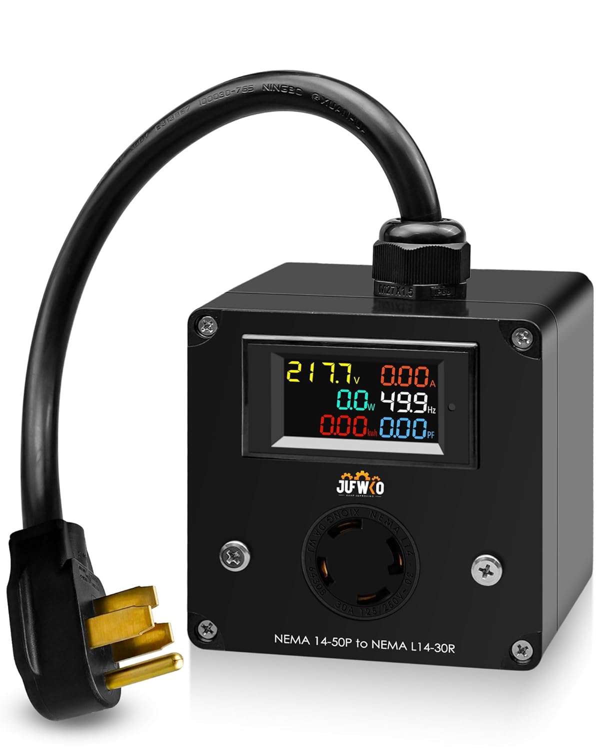 30A AC Power Meter Fit for 240V NEMA 14-50P to L14-30R Plug-in Energy Monitor with LCD Display, Multifunction Energy Monitor Voltage Current Frequency Power Factor
