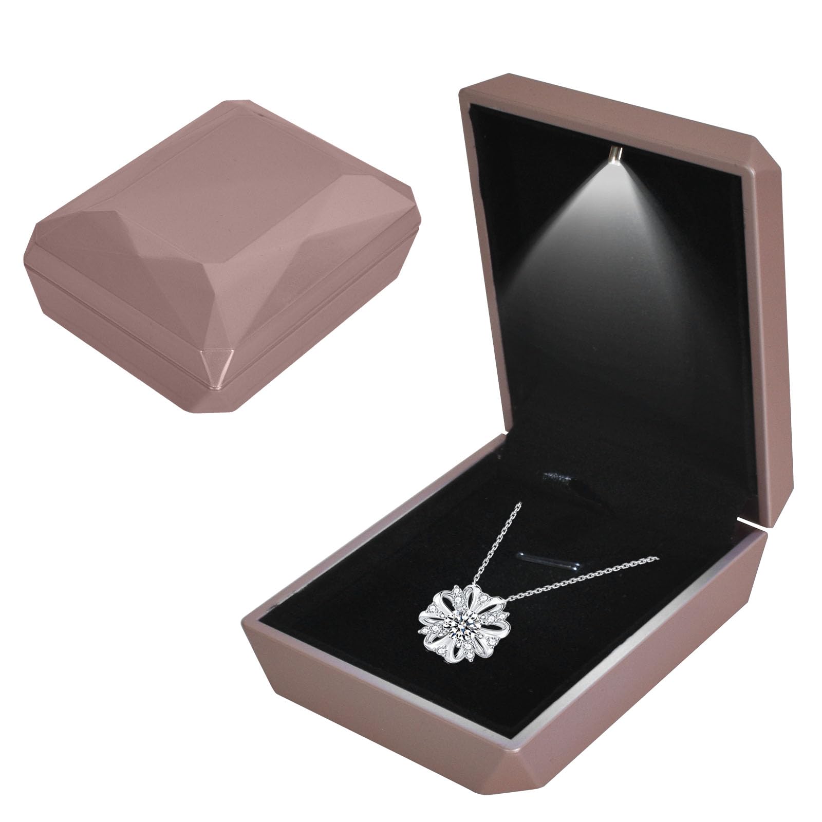 Jewelry Box, LED Lighted Pendant Box, Necklace Bracelet Rings Pendant Storage Gift Case, Light Up Pendant Case, for Wedding Proposal, Engagement Valentine's Day Favors Charms, 7*9*3.3cm, RoseGold