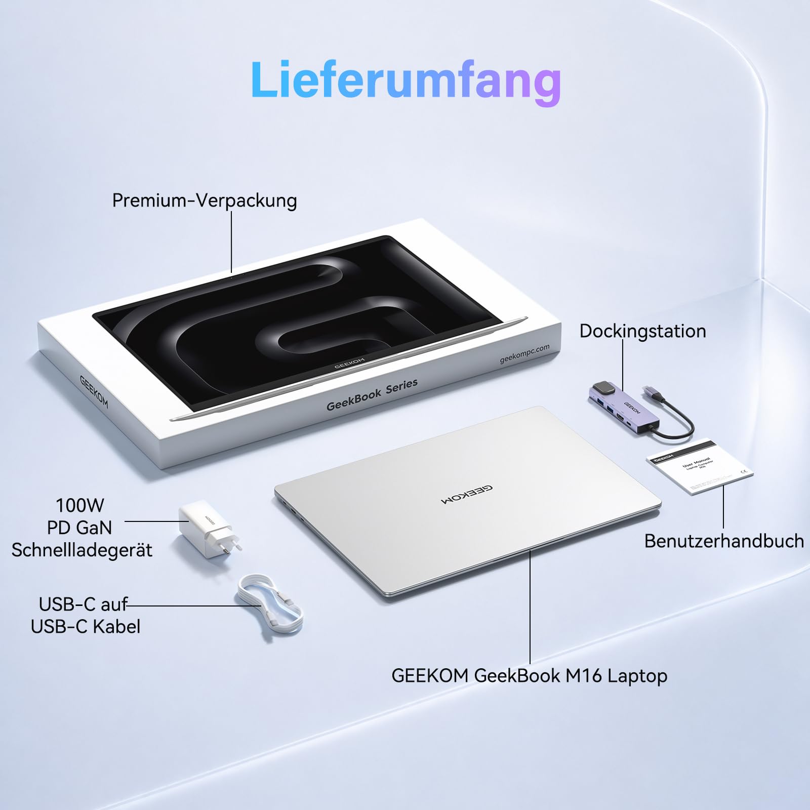 GEEKOM GeekBook M16 Laptop, Ultra 9, 55 W Dauerleistung, 99,9 Wh Notebook | 16″ IPS, USB4, 100 W PD, leise Dual-Lüfter, Fingerprint, Dock inkl., 16GB RAM/512GB SSD, Aluminium, Win 11, Business & Gaming