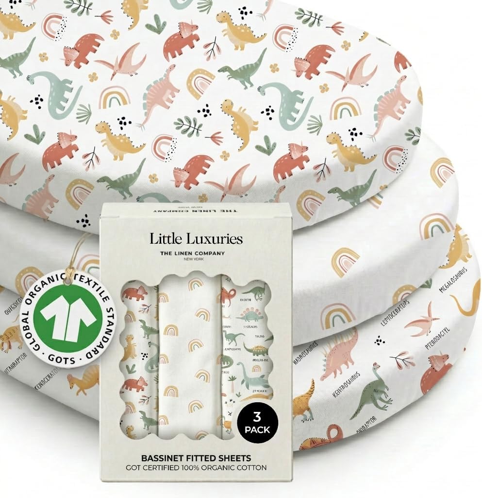 100% Organic Cotton Bassinet Sheets 3 Pack - (33 x 20 Inches) Baby Delight - GOTS Certified, Soft Breathable Percale Weave, Universal Fits Standard Oval & Rectangular Mattress - for Boys & Girls