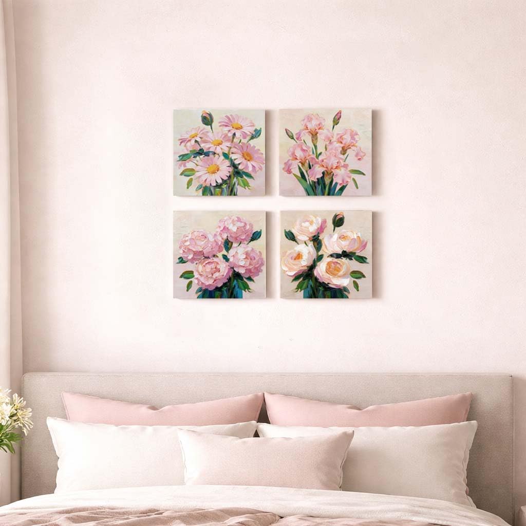 Artiluxy Pink Floral Canvas Wall Art Set of 4, 12x12 Inch Botanical Flower Wall Decor, Soft Spring Flower Artwork for Bedroom Living Room, Gallery Wrapped Canvas Prints Ready to Hang (Pink)