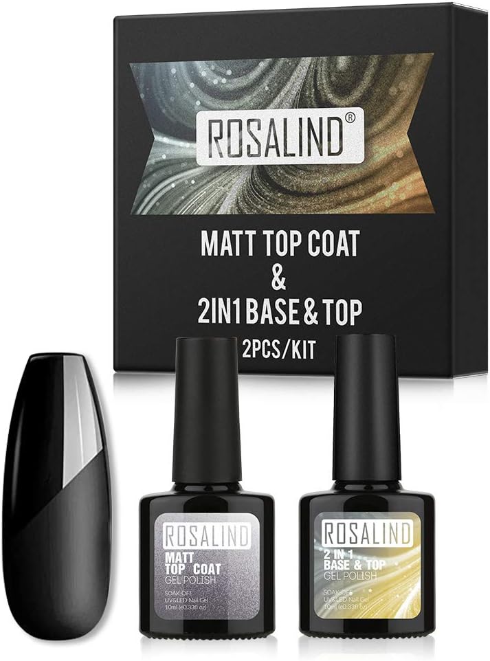 ROSALIND 2PCS Matte & Glossy Top Coat Gel Nail Polish Gel Base and Top Coat, 2 IN 1 Base and Top Coat Gel Nail Polish Soak off No Wipe Gel Top Coat and Base Coat Matte Top Coat Shiny Nail Gel --2*10ML