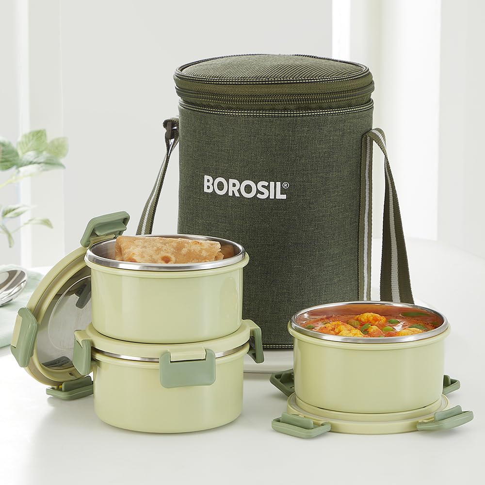 Borosil Glory Green Stainless Steel Lunchbox with Bag | 3 pcs Container Set (280 ml Each) | Microwavable Tiffin with Food Grade Steel | Leakproof & Dishwasher Safe | 1 Year Warranty (B0D5R9XPWV) Amazon Price History, Amazon Price Tracker