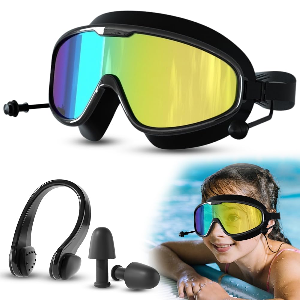 Gafas de buceo para niños, gafas de natación para niños y niñas, panorámicas de 180°, antifugas, antivaho, anti-UV, máscara de esnórquel para niños con protección nasal para 4-13 años