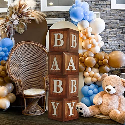 Image of Wood Grain Printing Baby Shower Display Boxes Party Decorations, Neutral Gender Reveal Party Backdrop, Brown Teddy Bear Baby Stacking Blocks Backdrop with Letters for Boy Girl Birthday Party