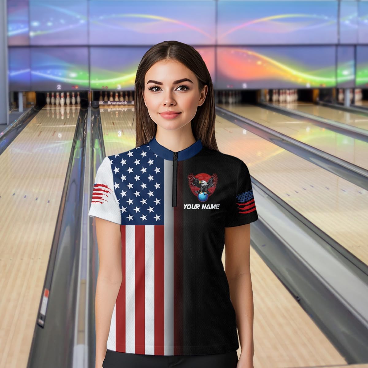 Eagle Bowling Shirt Custom American Flag Bowling Shirts for Women Men Patriotic Team Bowling Polo Shirt Quarter Zip