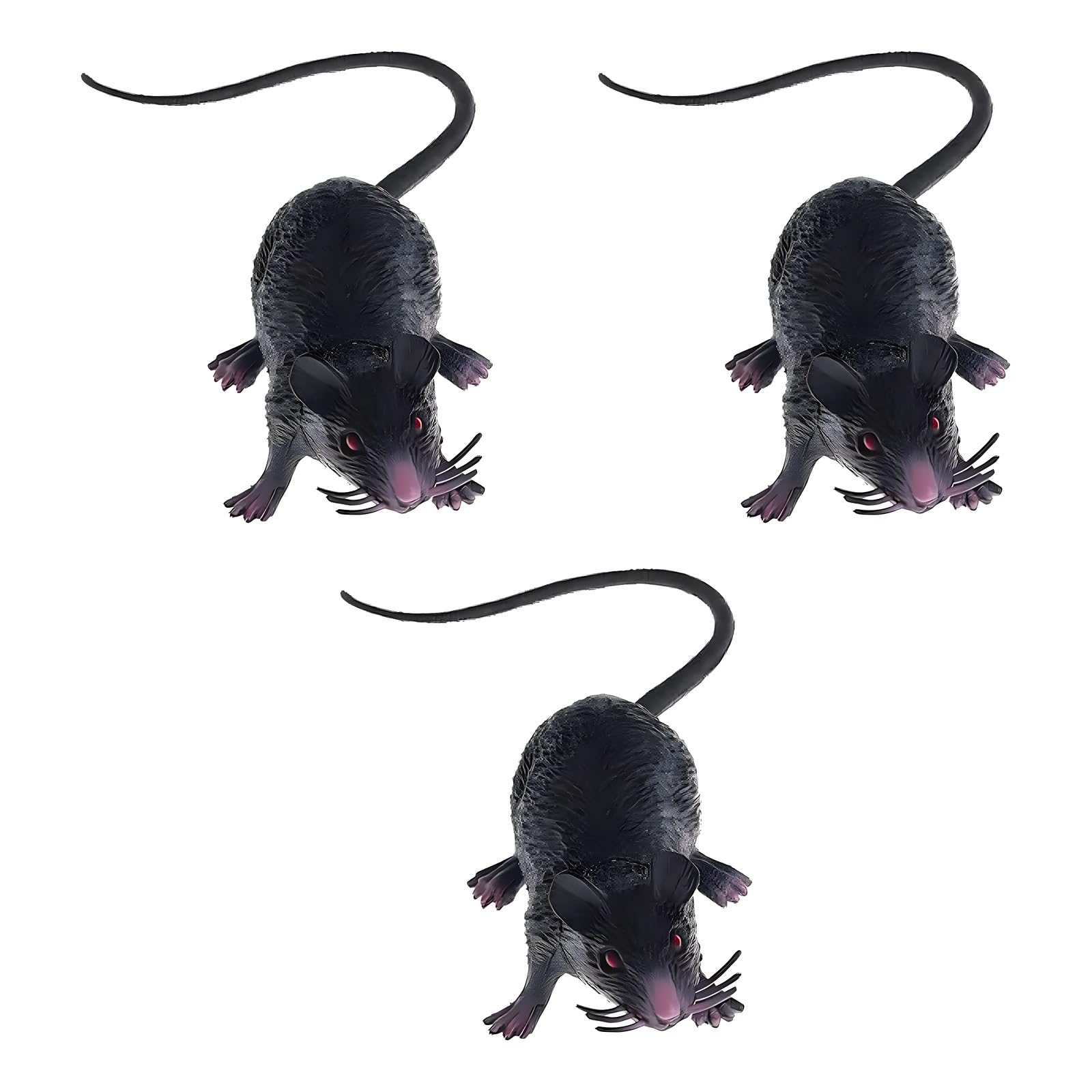 3Pcs Realistic Rubber Rat with Long Tail, Lifelike Mouse Prop for Halloween Pranks, Party Decorations, Horror Effects (Black)