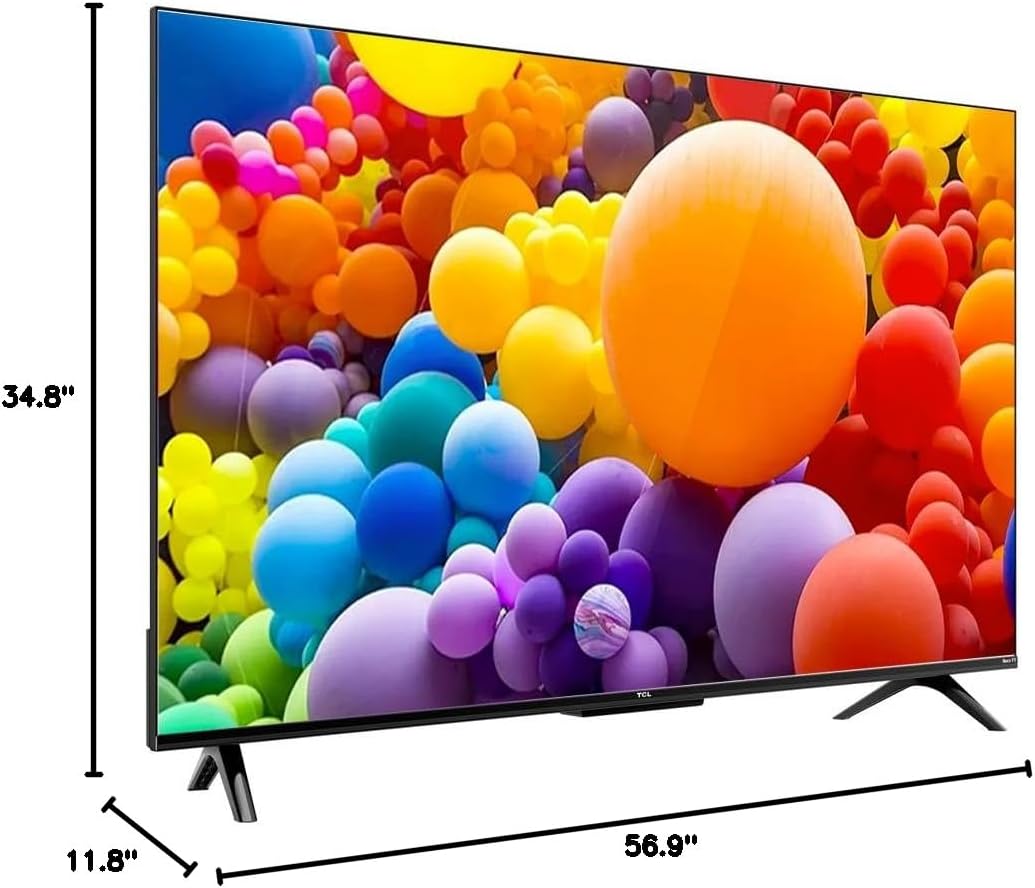 Diagram showing the dimensions of the TCL 65-inch TV: 34.8 inches height, 56.9 inches width, and 11.8 inches depth.