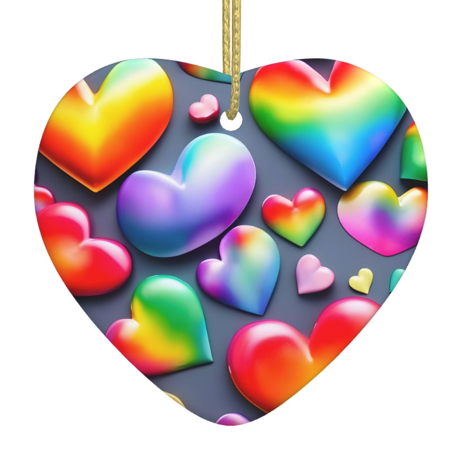 Nbtghga White Rainbow-Colored Love Hearts Print Christmas Ornaments, Ceramic Hanging Ornament, Xmas Tree Decoration, Holiday Home Decor