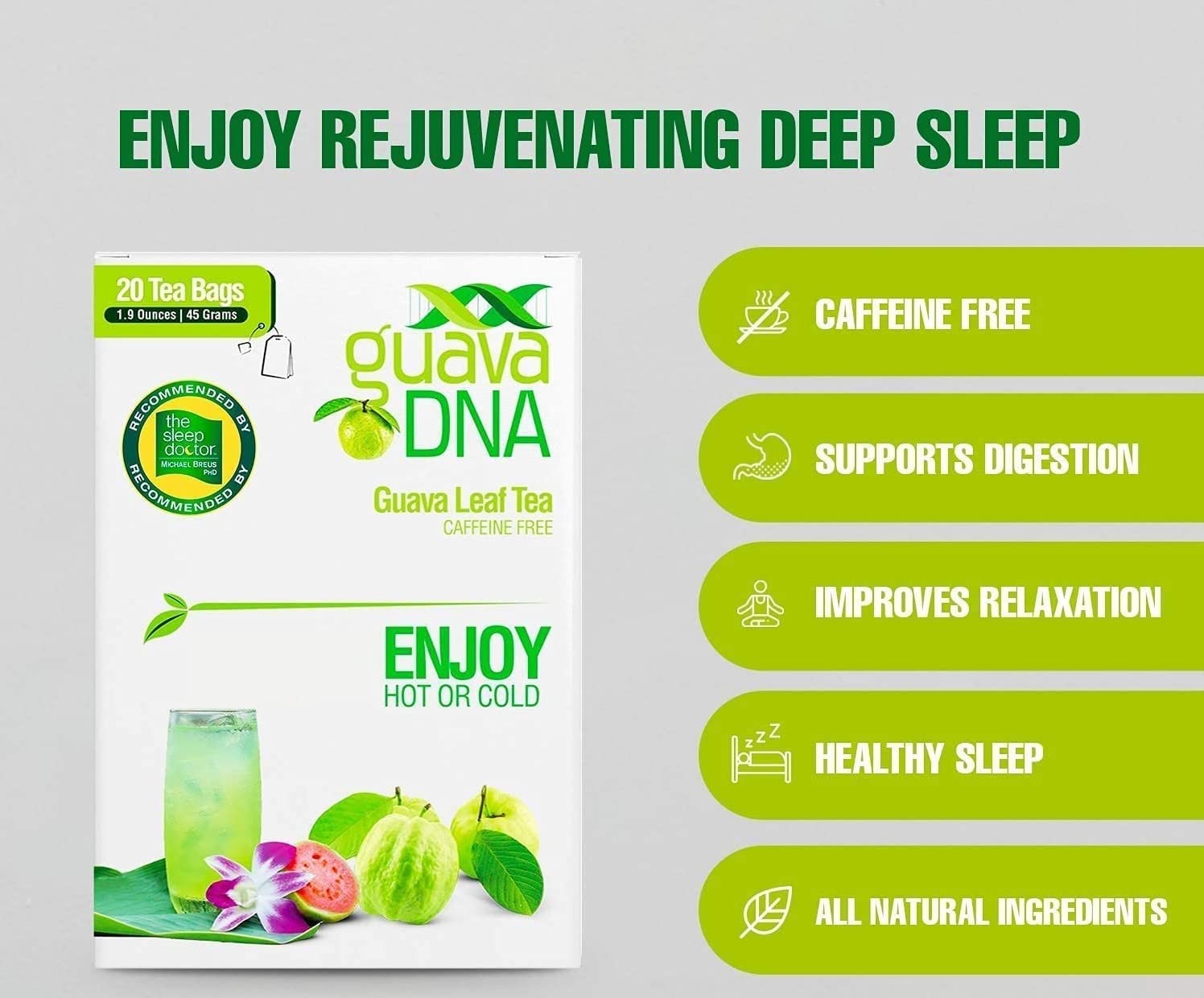 GuavaDNA Guava Leaf Tea 20 Individually Wrapped Teabags by MATCHA DNA | 100% Pure Guava Leaves, Nothing Else Added (20 Teabags) (Pack of 2)