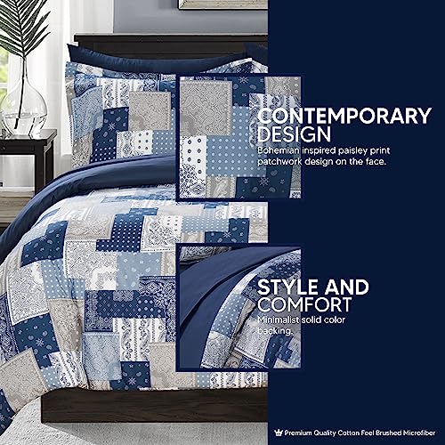 Chic Home Millennia 8 Piece Reversible Comforter Patchwork Bohemian Paisley Print Design Bed In A Bag-Sheet Set Pillowcases Decorative Pillow Shams Included, Queen, Blue #TOP2