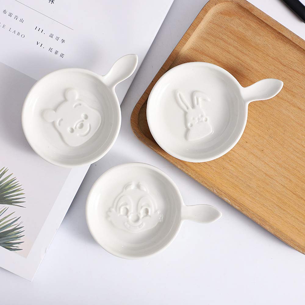 Super Cute Cartoon Ceramic Sauce Dishes Set, Mini Dipping Condiment Dish, Sushi Soy Seasoning Plates, Round Bowl Serving Dish for Kitchen Home, Bear Rabbit Squirrel Assorted (Set of 3)