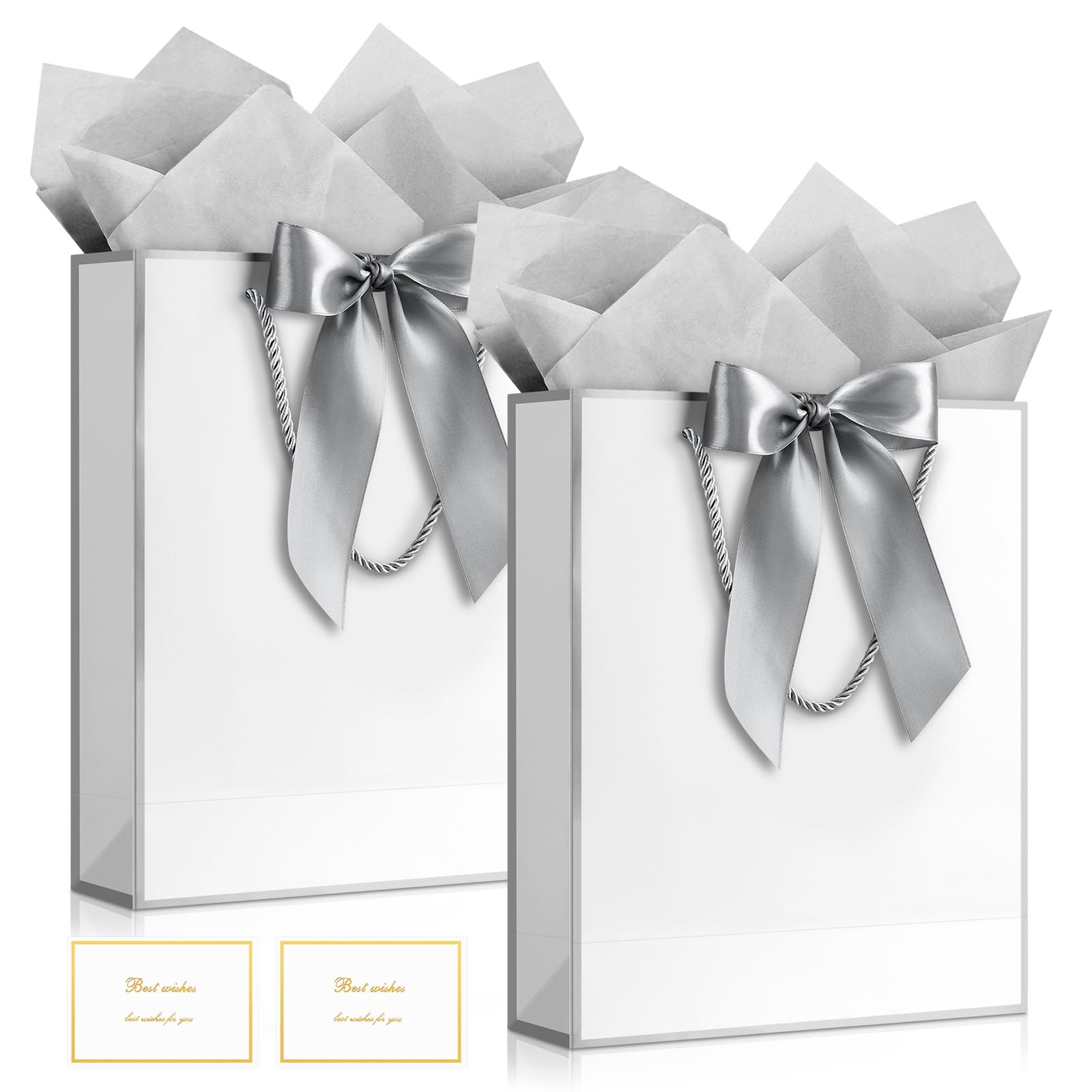JMANNI Medium White Gift Bags for Women, Birthday Bags with Handles 2-Pack