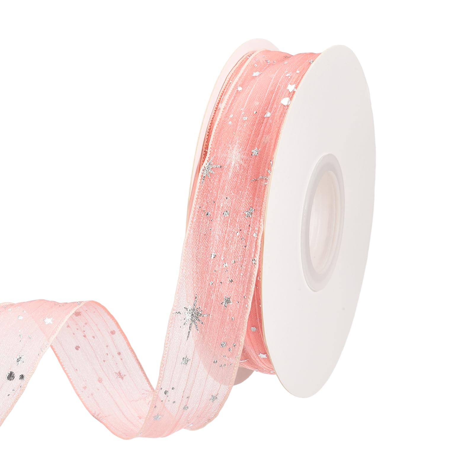 PATIKIL Star Ribbon, (2.5cm x 9 Meters, Pink)(2Roll), Silver Stars Print Trim Sheer Organza Chiffon Polyester Fabric Ribbon, Suit for Sewing/Making Crafts/Gift Wrapping/Wreaths