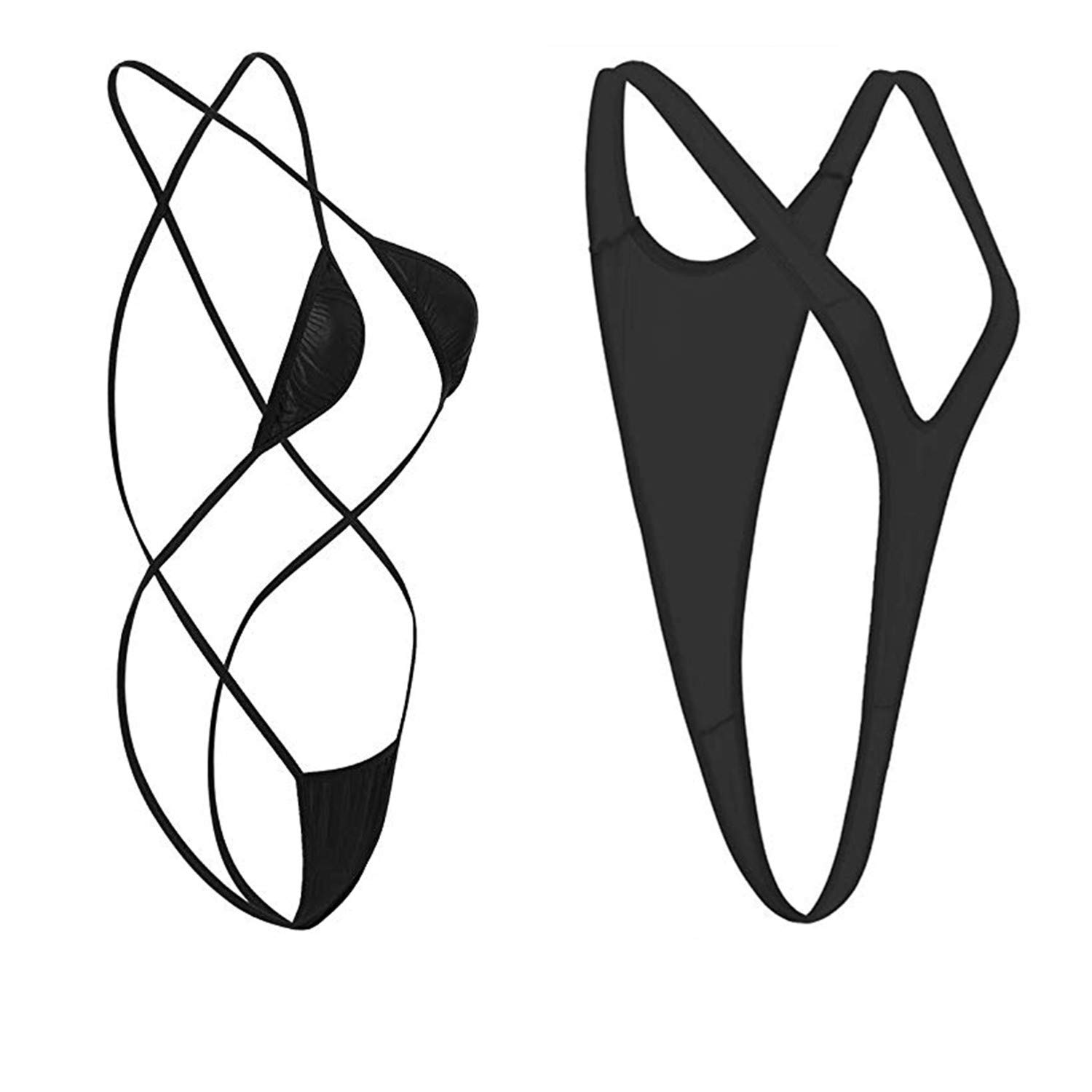 (2PCS Women's Sexy Halloween V Sling G-String Bikini + Revealing Bikini Suspender Thong (F)