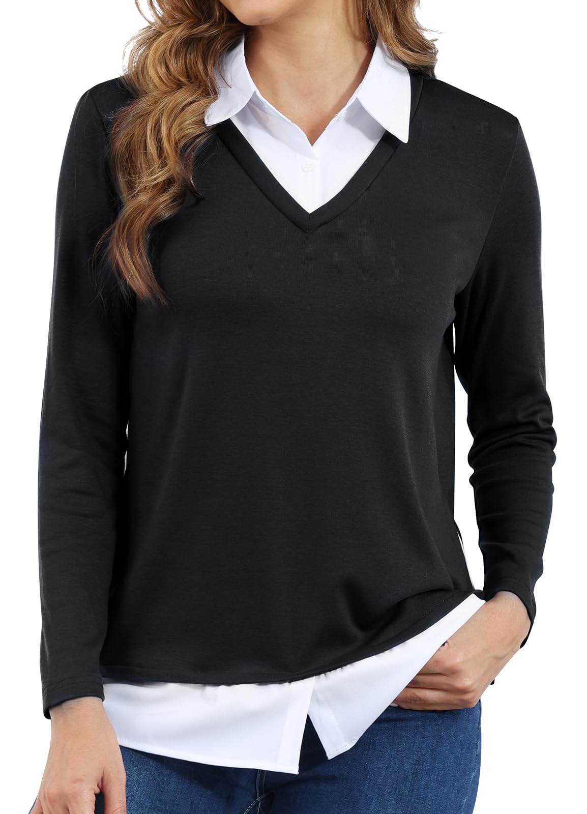 Vldnery Womens Fall Winter Sweater 2025 Trendy Clothes Oversized V Neck Long Sleeve Shirts 2 in 1 Outfit Casual Pullover Tops