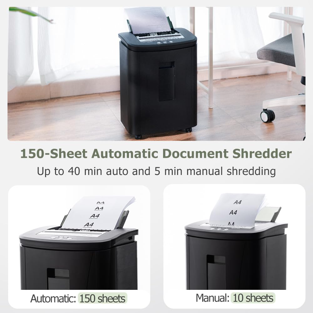 Distruggi Documenti Automatico Professionale: Trituratore 150 Fogli P4 Microframmenti 40 Minuti Continui Cestino 25L Silenzioso per Ufficio/Casa/Scuola/Commerciale