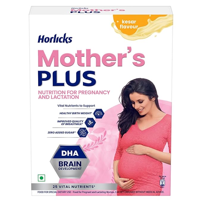 Horlicks Mother's Plus Kesar 400 G BIB, For Pregnancy And Lactation With Protein For Birth Weight And DHA For Brain Development - No Added Sugar 20Sachets, 400 Grams Powder, 20 Servings