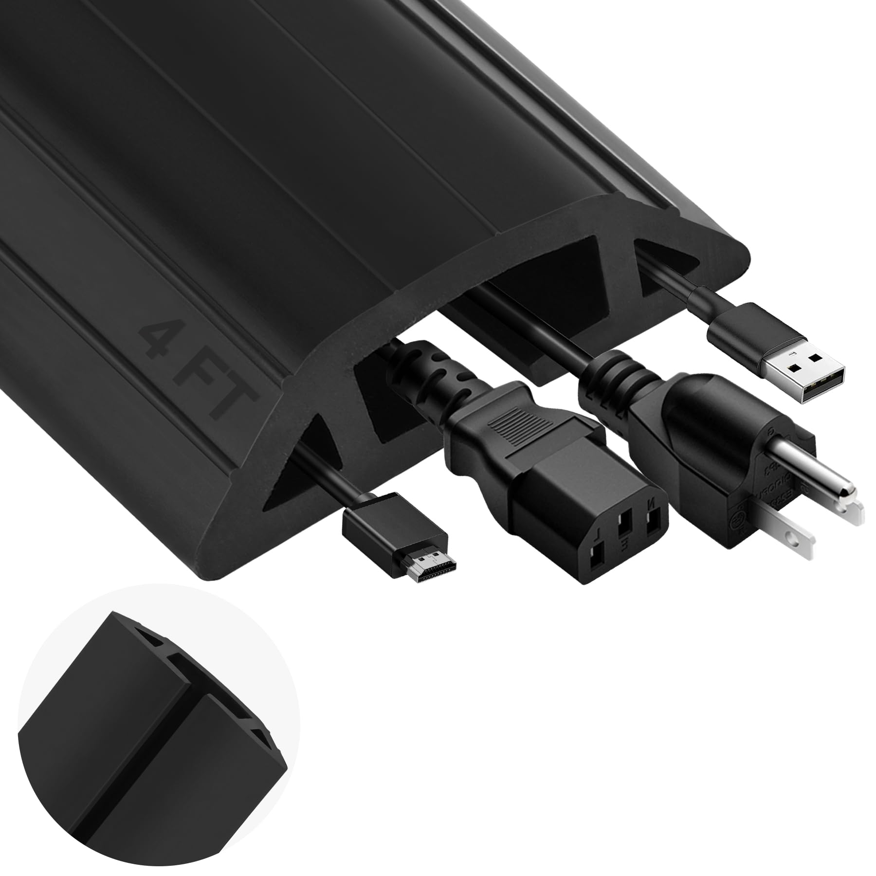 MYFAMIREA 4FT Floor Cord Cover Heavy Duty Cable Cover Protector with 3 Channels Extension PVC Floor Wire Cover Outdoor Cord Hider Management Cord Cover for Wire on Floor for Home Office Outdoor, Black