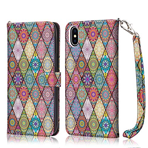 Hocase Iphone Xs Max Case, Pu Leather Full Body Protective Wallet Case With Credit Card Holders, Wrist Strap, Magnetic Closure For Iphone Xs Max 2018 With 6.5-Inch Display - Mandala Flowers #TOP2