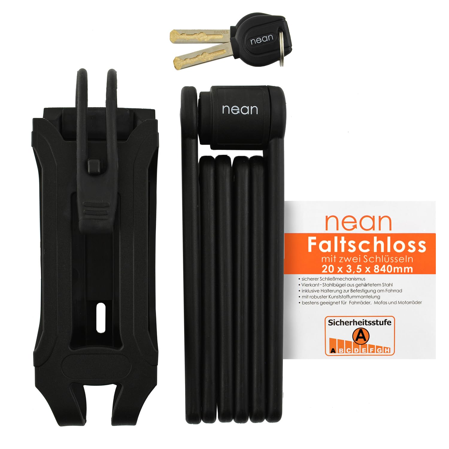 nean Antivol pliable pour vélo, avec support, serrure à charnière, serrure articulée, en acier trempé, avec poche enfichable et 2 clés de sécurité, 20 x 3,5 x 840 mm, noir