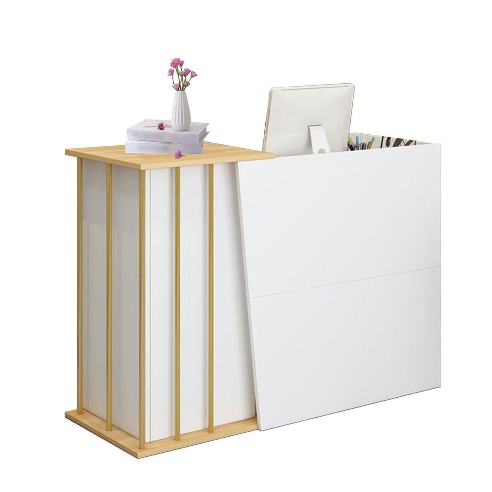 JingNian Comptoir de Réception Bois et Blanc, Meuble d’Accueil Moderne pour Bureau et Magasin, Table de Réception Stable avec Grand Plan de Travail(Warm White,120cm)
