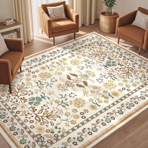 UERMEI 5x7 Area Rug Living Room Rugs - Washable Boho Vintage Floral Large Soft Non Slip Thin Rug Low Pile Carpet for Bedroom Dining Room Kids Playroom Office Decor Indoor- Brown