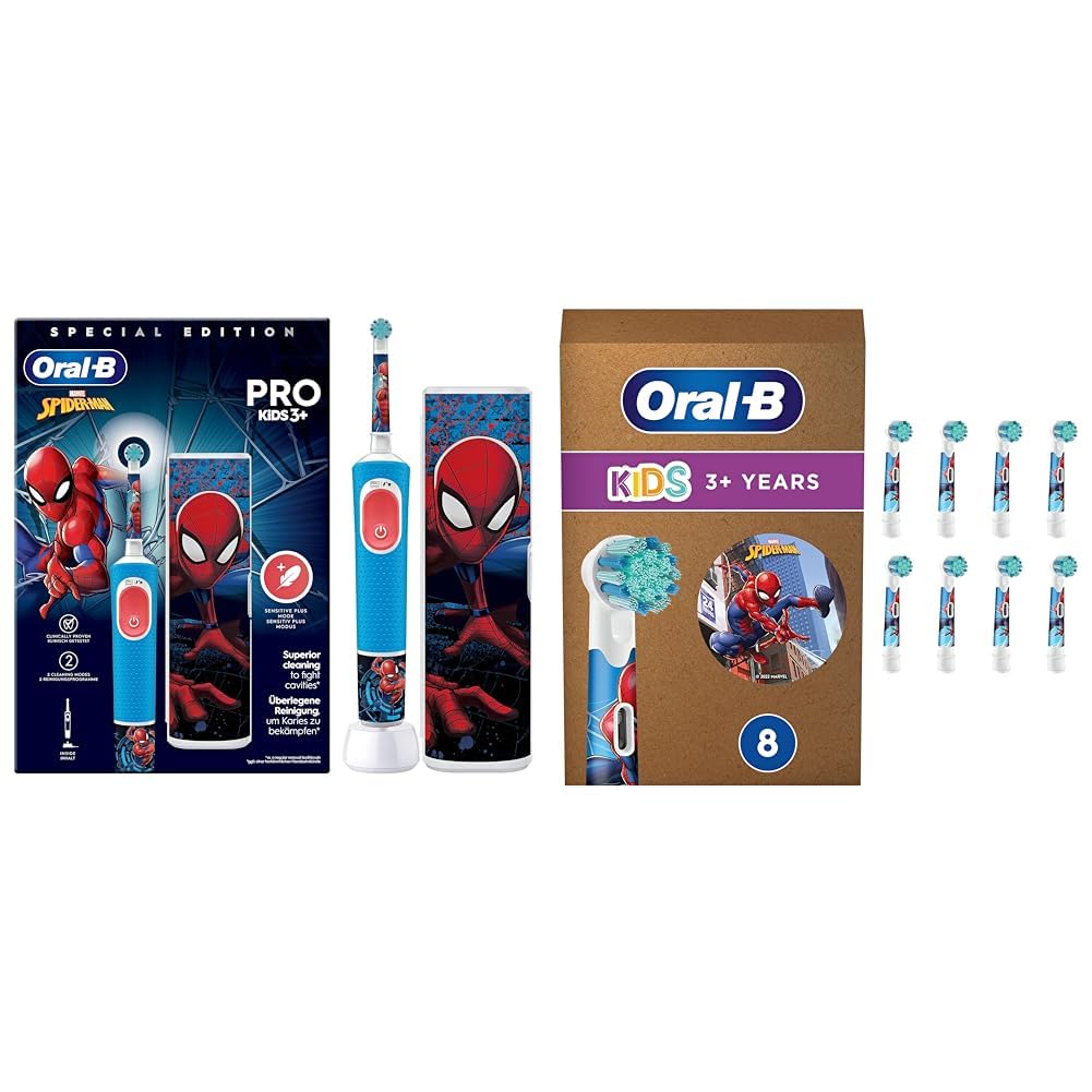 Oral-B Spazzolino Elettrico Ricaricabile Bambini Spiderman Marvel +3 Anni, Custodia da Viaggio + Oral-B Kids 3+ Testine Spazzolino Elettrico Marvel Spiderman, Confezione da 8