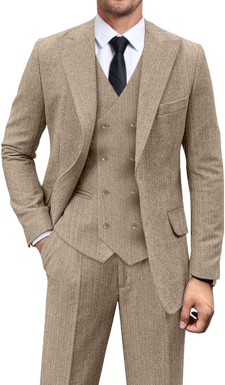Vintage Tweed Herringbone Suits for Men 2 Button Slim Fit 3 Piece Formal Wool Suit Jacket Vest Pants Men Prom Dress Tuxedo