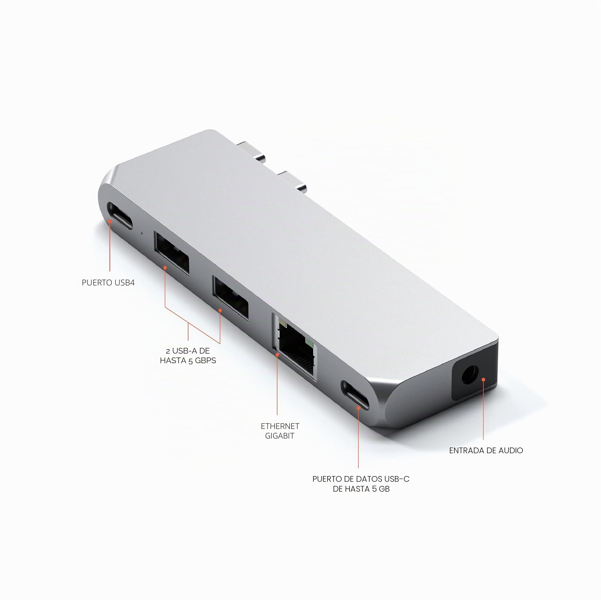 SATECHI Hub Dual USB C Pro 6 en 1, USB4 40Gbps, HDMI, 100W, Plata | Para MacBook Air y Pro, vídeo hasta 5K@60Hz, Ethernet, 1x USB-C y 2x USB-A a 5Gbps, puerto de audio