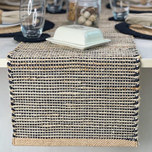 Chardin home Natural Jute Table Runner 13x108 Inch – Vintage Boho Rustic Table Decor – Handwoven Long Table Runner in Natural Jute and Black – Farmhouse Dining or Console Table Accent