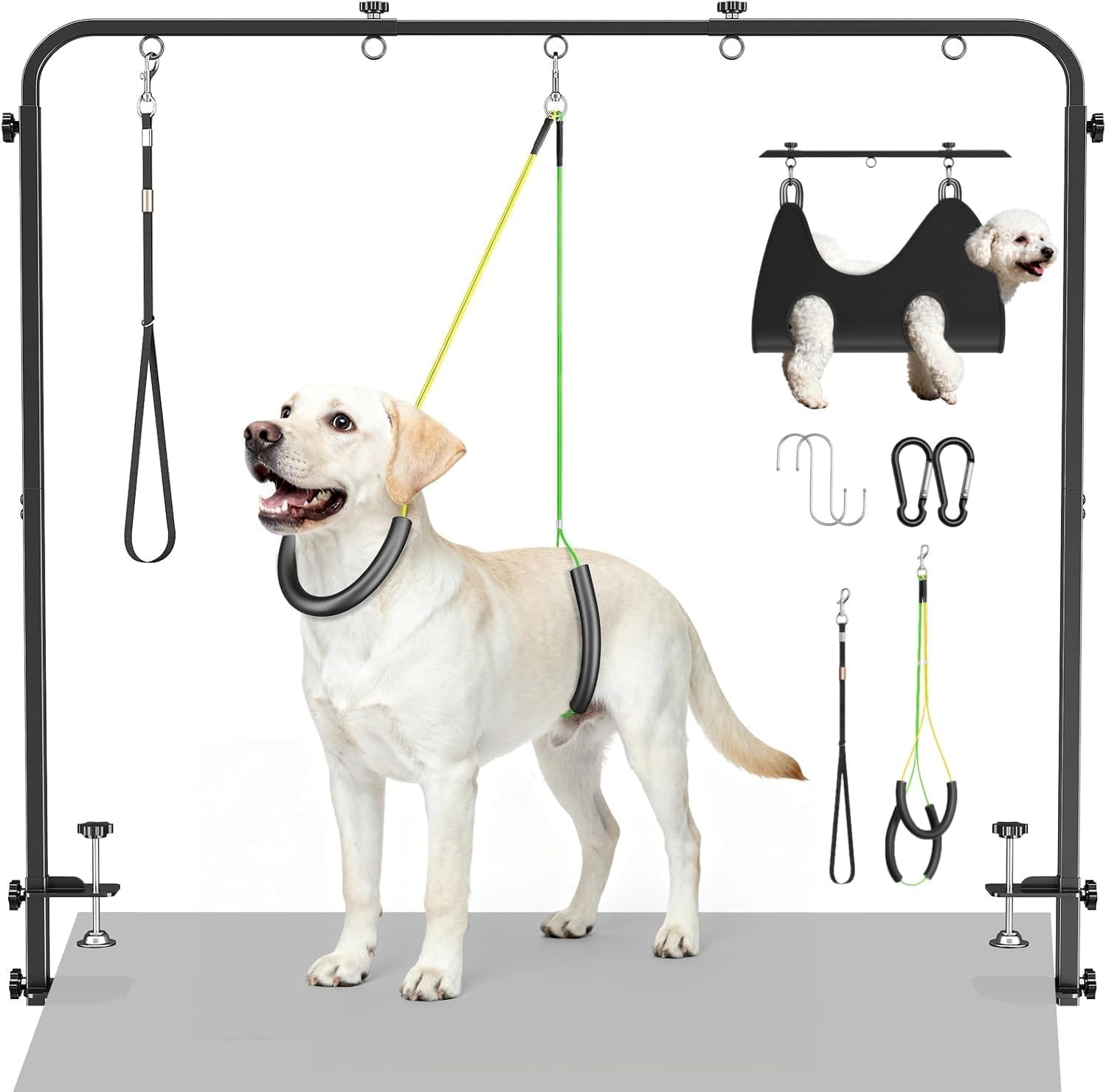 Dog Grooming Arm with Hammock&Nooses&No Sit Haunch Holder,H-Shape Height 20''-42'',Width 27''-39'' Adjustable Pet Grooming Table Arm with Clamp,Pet Grooming Supplies for Small Medium Breeds Up 70IB