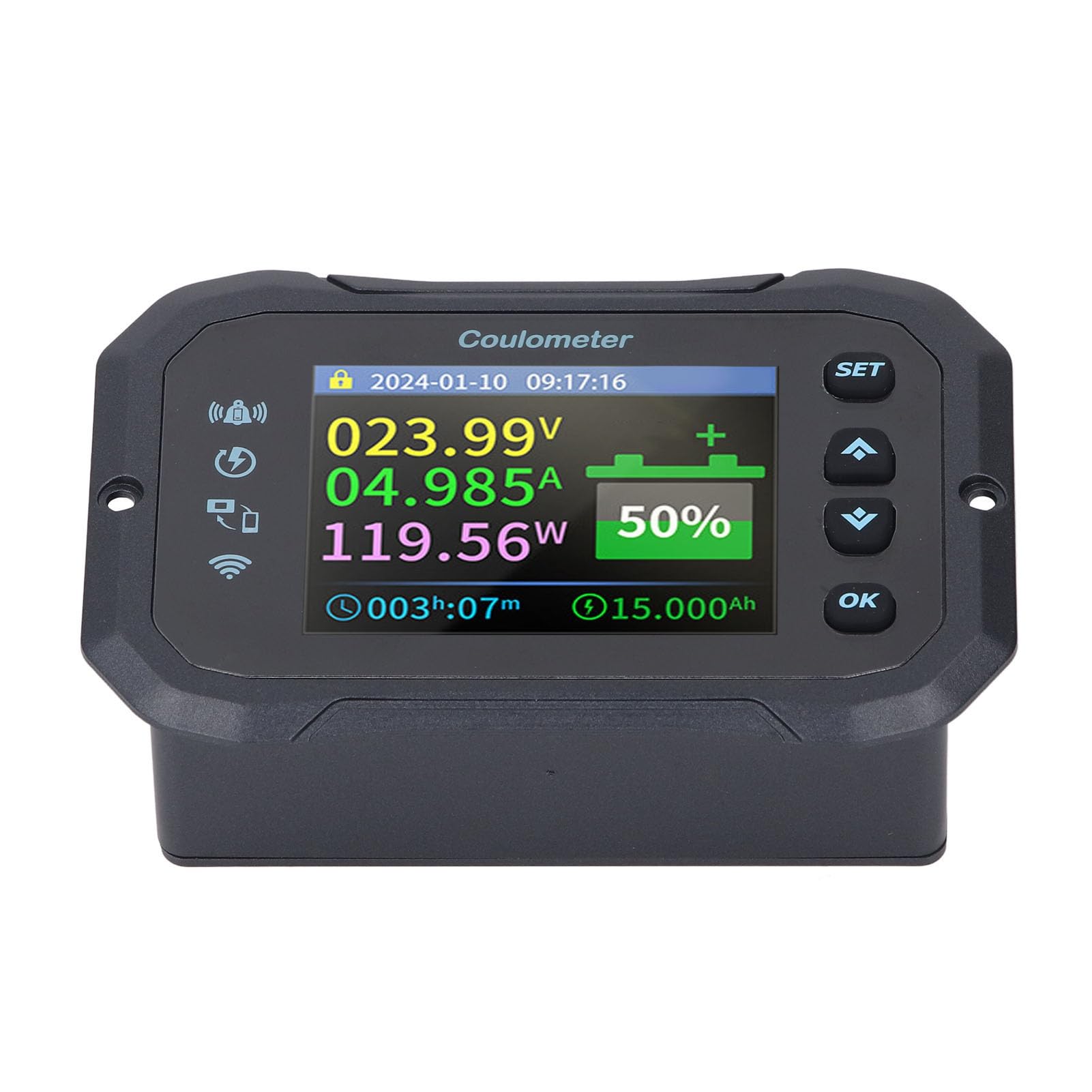 Luocute Monitor Baterii, 10-100 V 0-50 A APP Zdalne Monitorowanie Monitor Baterii, 2,4-calowy Ekran HD, Pomiary Wielu Parametrów, Wbudowane Przypomnienie, Do Akumulatorów VRLA, LFP, Li