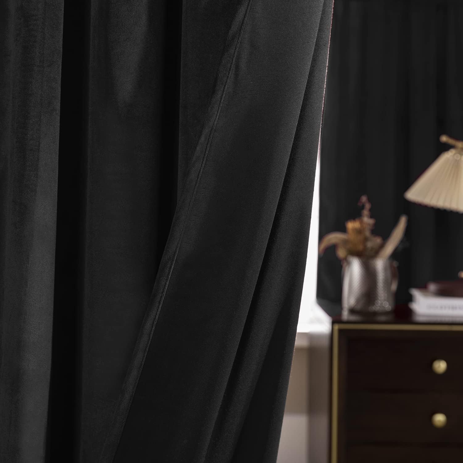 Velvet Blackout Curtains 48 Inch Length for Bedroom 2 Panels,Thermal Insulated Room Darkening Rod Pocket Dark Out Luxury Privacy Short Curtain for Bathroom Bay Window,Black