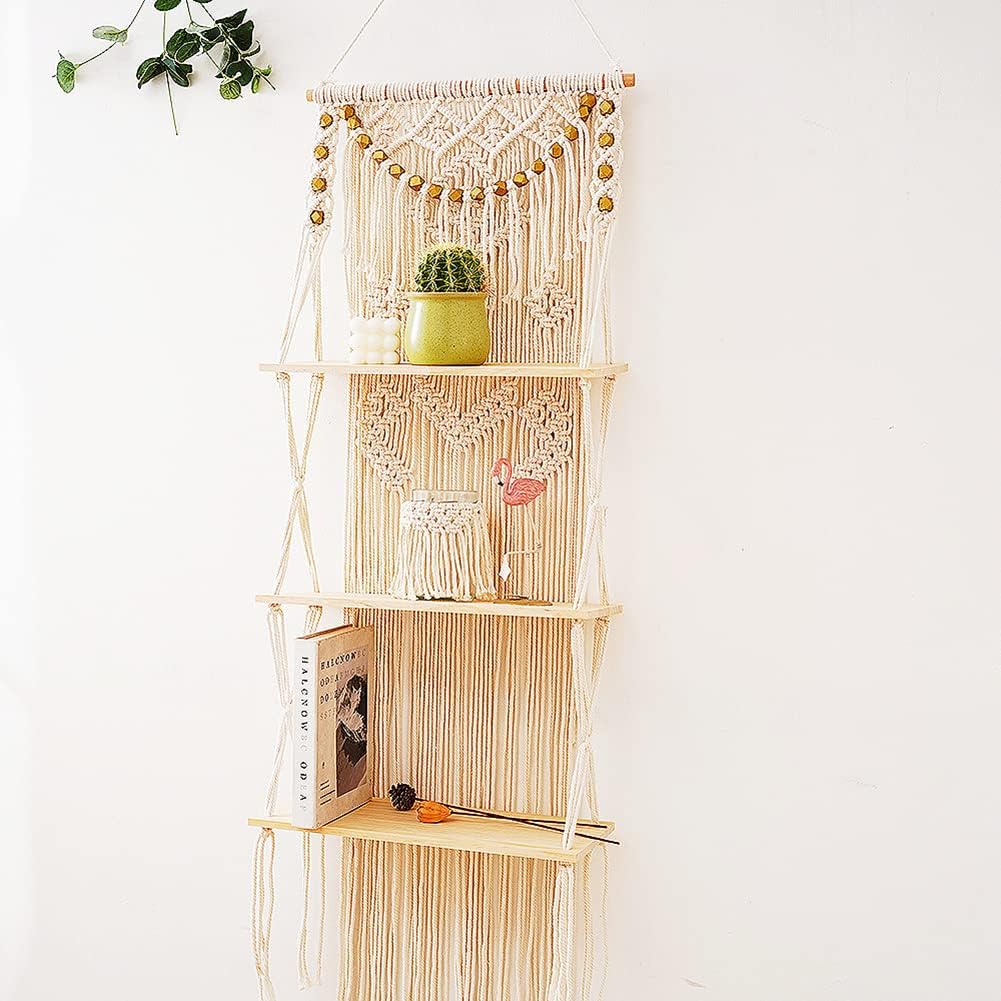 Macrame Wall Hanging Shelf with Enhanced Solid Wood Shelves and Handmade Macrame to Organize Plants and Decor — 3 Tier Macrame Shelf Wall Hanging Bohemian Decorative Shelves for Kitchen,Home Storage