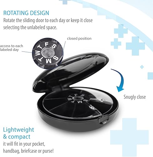 Miniatura 3 de Caja de pastillero portátil de 7 compartimentos de una sola tapa (contenedor de viaje semanal de siete días), medicamentos, cajas de soporte de