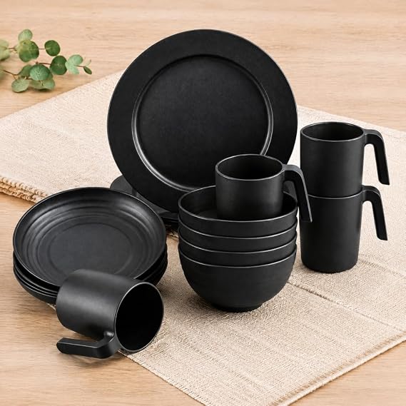 20PCS Plastic Dinnerware Sets, Unbreakable and Reusable Light Weight Plates Mugs Bowls Dishes Easy to Clean, Great for Home, Garden, Picnic, Camping, Outdoor (Black)