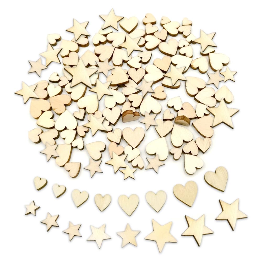 Bieiyhe 200 Piezas Corazones de Madera para Manualidades Estrellas de Madera para Decorar Corazones de Madera DecoracióN Estrellas Madera Scrapbooking Adornos de Madera Boda Pequeños para Fiestas