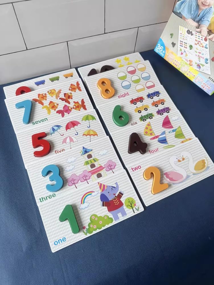 Montessori - Tarjetas de aprendizaje de números, rompecabezas de reconocimiento de números con imagen